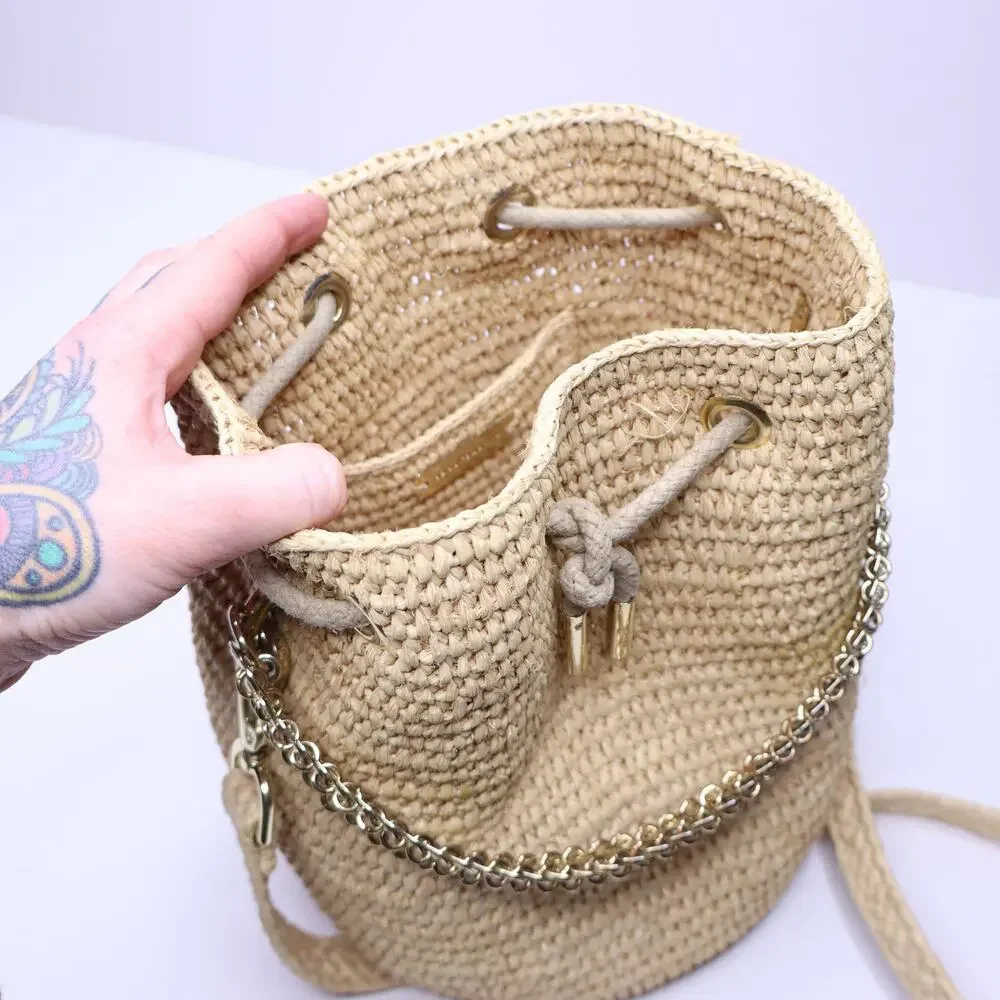 PACO RABANNE Natural Raffia Bucket Bag Gold Chain Link Top Handle Crossbody Bag